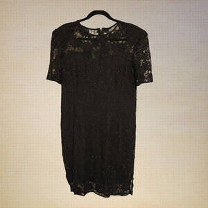 1990s Silk Black Beaded Midi Dress A-Line Short Sleeve Size 14 Stenay Formals2